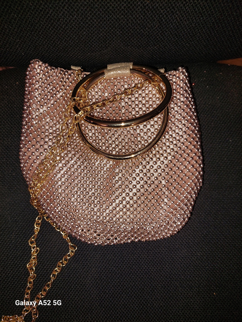 Marshalls Rose Gold Crystal Mesh Clutch with Gold Rings